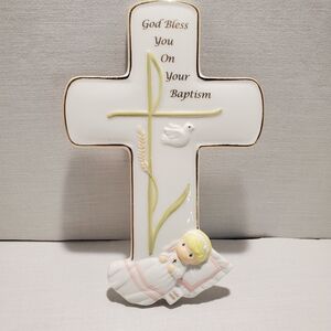 Precious Moments Baby Baptism Commerative Porcelain Cross Wall Plaque Girl